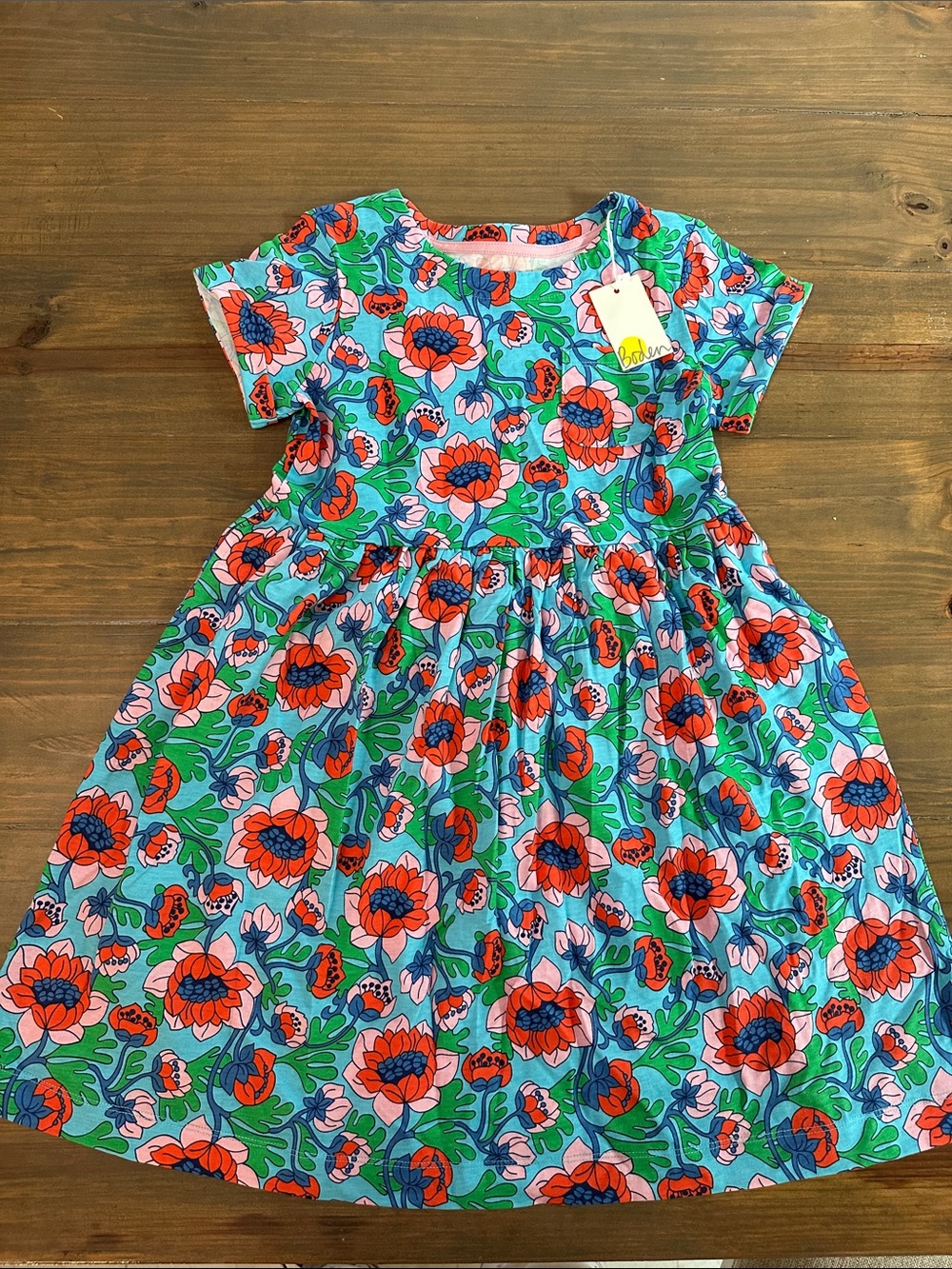Mini Boden Floral Cotton Dress in Blue, Red and Green